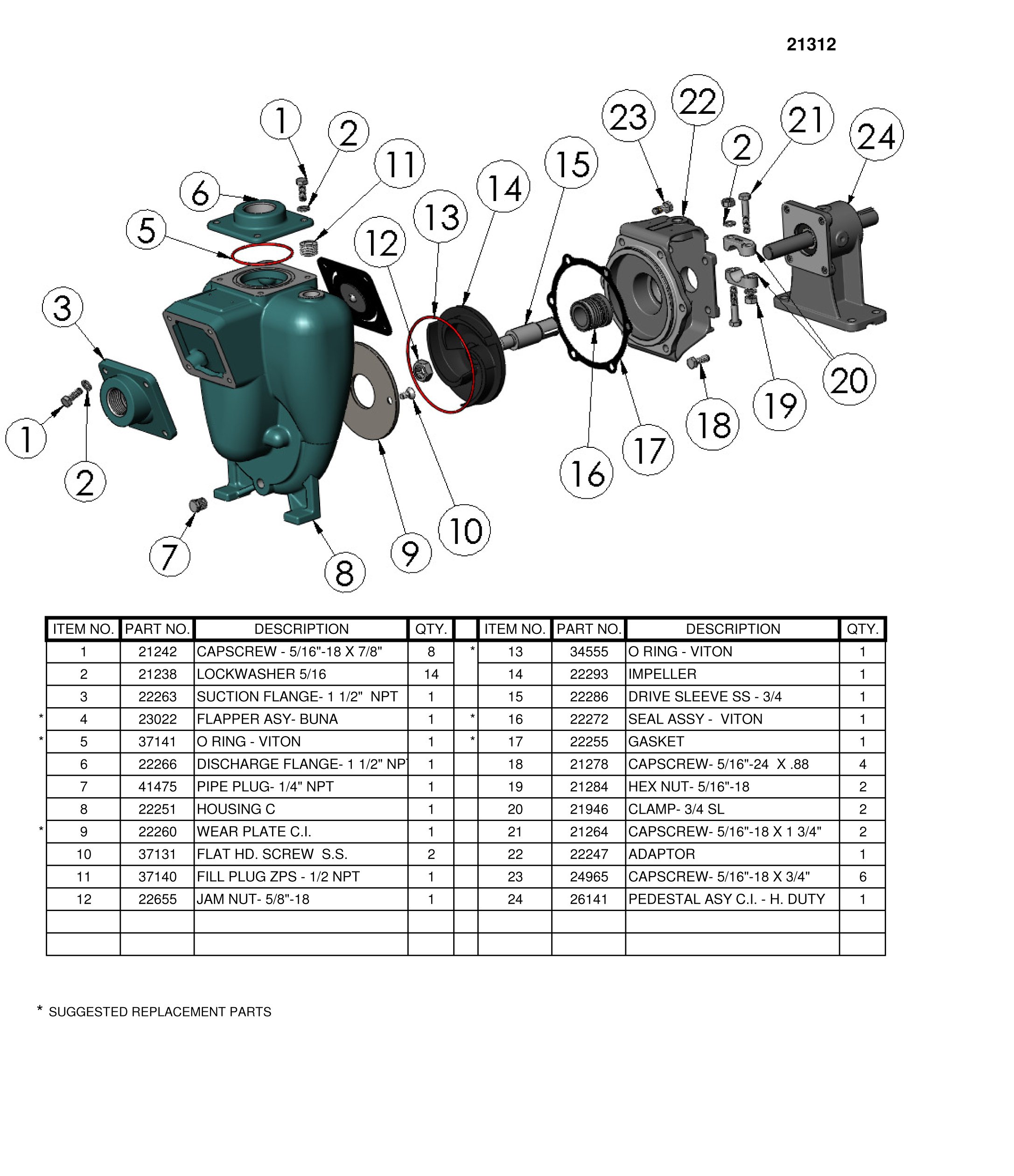  1-1/2"" x 1-1/2"" Self Priming Centrifugal Pump FLOMAX®  Parts List